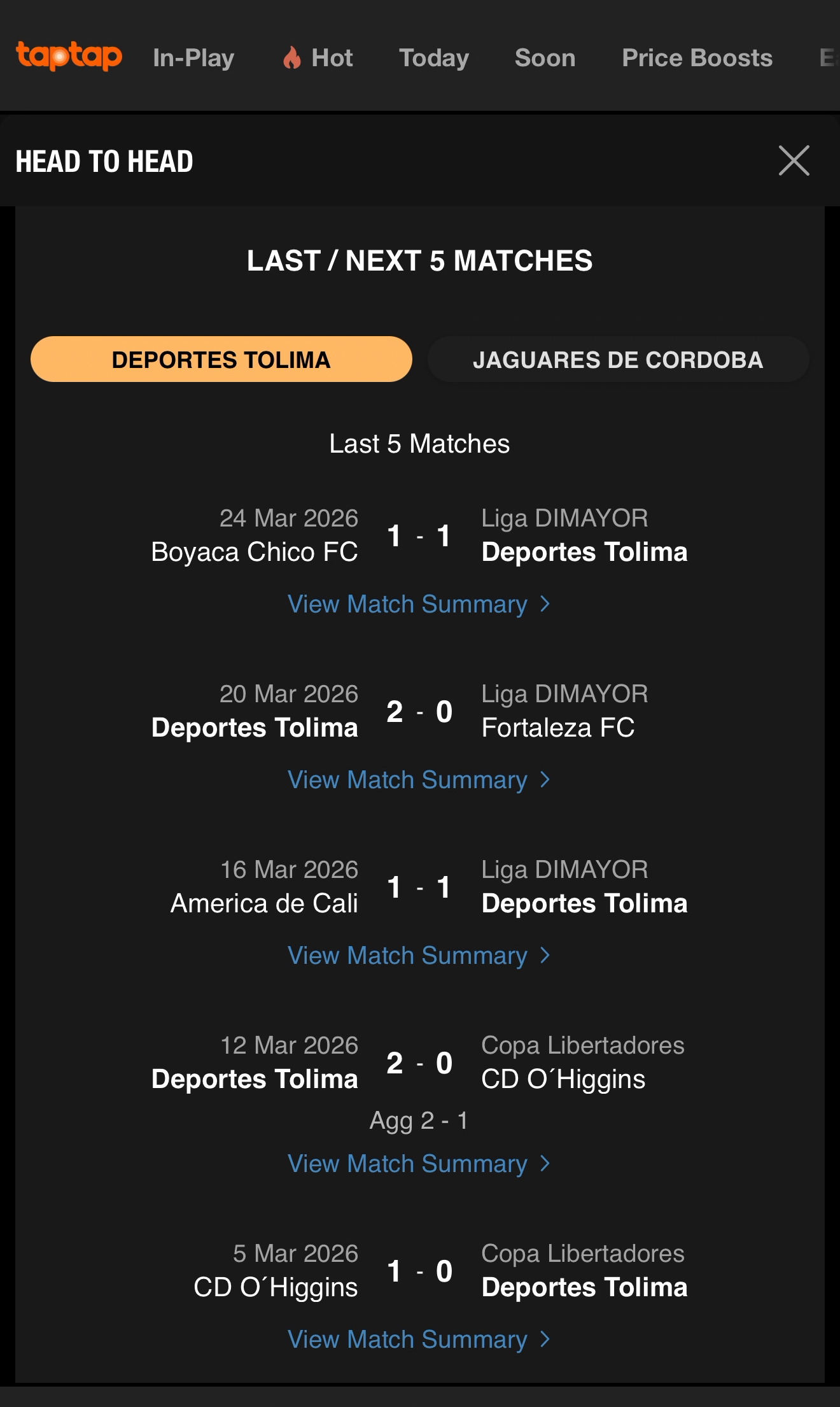 Head to Head view comparing recent matches for Deportes Tolima and Jaguares de Cordoba.
